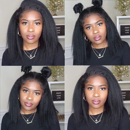 Alidiamond 16 Inch Kinky Straight Human Hair Wigs, 13x4, 180% Brazilian Remy Hair, Yaki Lace Front Wig for Women