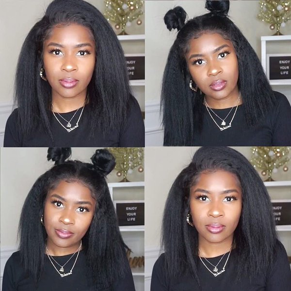 Alidiamond 16 Inch Kinky Straight Human Hair Wigs, 13x4, 180% Brazilian Remy Hair, Yaki Lace Front Wig for Women