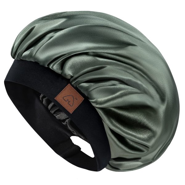 Satin Bonnet Silk Bonnet for Curly Hair Sleep Cap for Women Satin Hair Wrap for Sleeping, Wide Band, Double Layer (Olive Green)