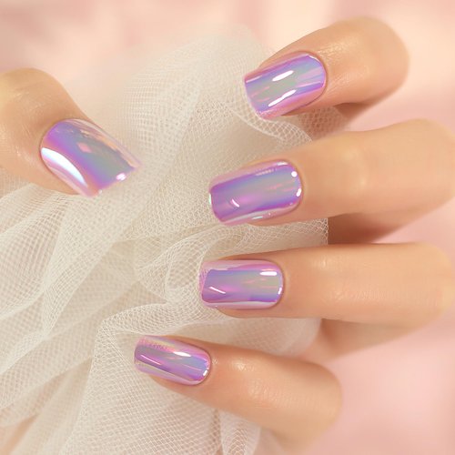 Elevenail 24pcs Magic Color Chameleon Pink Purple Glossy Press on False Nails Medium Short Squoval Reusable Fake Nails Full Cover Salon Wearable Fingernails Tips For Daily Party Women Girls Nail Art