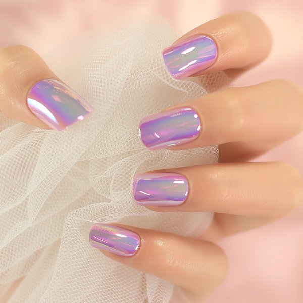Elevenail 24pcs Magic Color Chameleon Pink Purple Glossy Press on False Nails Medium Short Squoval Reusable Fake Nails Full Cover Salon Wearable Fingernails Tips For Daily Party Women Girls Nail Art
