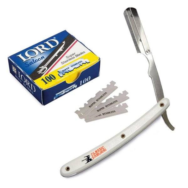 Classic Samurai Stainless Steel Professional Barber Straight Edge Razor with 100 Lord Single Edge Razor Blades (White)
