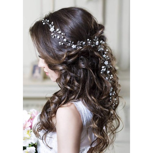 Kercisbeauty Bridal Hair Accessories Wedding Headband Long Crystal Hair Vine Pearl Evening Party Headpiece for Women (Silver)