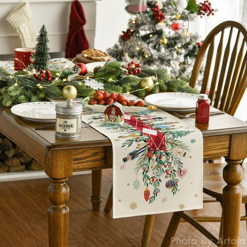 Artoid Mode Red Nutcracker Floral Holly Christmas Table Runner, Seasonal Winter Kitchen Dining Table Decoration for Home Party Decor 13x72 Inch