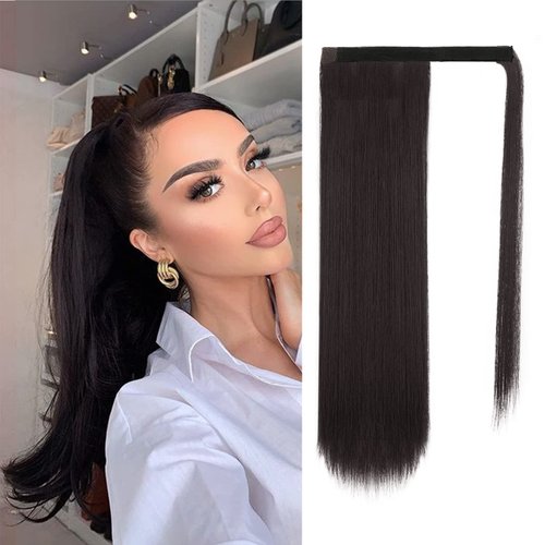 BARSDAR Straight Ponytail Extension - 18 Inch Long Straight Wrap Around Ponytail for Women Clip in Ponytail Hair Extensions Synthetic Brown Hair Pony Tails Hairpieces Daily - Darkest Brown