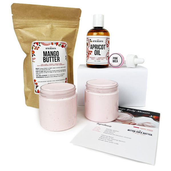 Better Shea Butter Body Butter Making Kit - Includes Raw Mango Butter, Raw Apricot Oil, Pink Mica, 2 jars and Recipes Card with Link to Video Tutorial - Natural Whipped Mango Body Lotion Making Kit