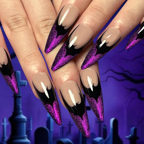 TBRZTR Halloween Press on Nails Almond Medium Nails Purple French False Nails Bat Design Halloween Nail Artificial Acrylic Nails Full Cover Reusable Coffin Nails Halloween Glue on Nails for Women