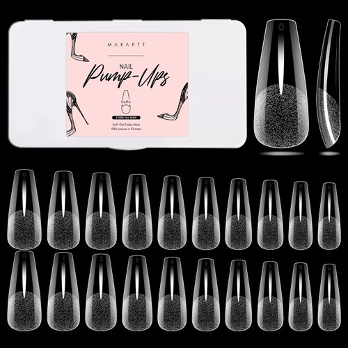 Makartt Coffin Nail Tips 500pcs Long Pre-buffed Full Cover Clear Press on Nails 10 Sizes Soak Off Soft Gel Nail Tips Extension Professional Acrylic Fake Nails No Crease False Nail Salon DIY Nail Art