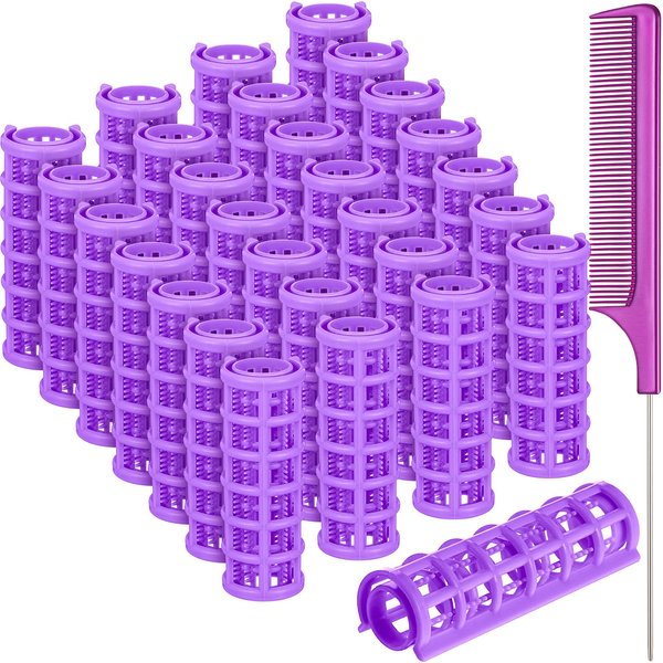Syhood 28 Pieces Hair Roller, 0.6 Inch Small Size Plastic Hair Rollers Hair Curlers with Steel Pintail Rat Tail Comb for Short Long Hair Styling Tools (Purple)