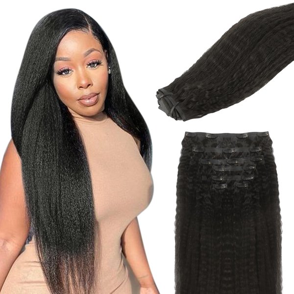 Lashey Hair Extensions Clip in Hair Extensions 100% Real Human Hair Kinky Straight Invisi Edge Seamless Clip in Hair Extensions 110g Natural Black 16 Inch Human Hair for Black Women