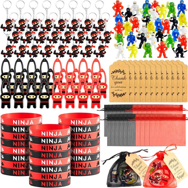 Libima 168 Pcs Ninja Party Favors Karate Birthday Party Supplies Ninja Toys, 48 Small Ninja Figurines, 24 Flying Ninjas Toys, 24 Silicone Bracelets, 24 Keychains, 24 Organza Bags, 24 Thank Card