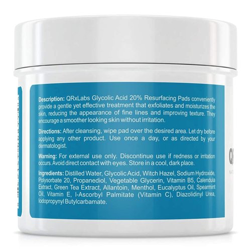 QRxLabs Glycolic Acid 20% Resurfacing Pads for Face & Body with Vitamins B5, C & E, Green Tea, Calendula, Allantoin - Exfoliates Surface Skin and Reduces Fine Lines and Wrinkles - Peel Pads