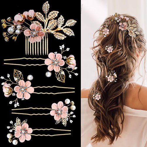 Pink Hair Flowers for Women Wedding Bridal Flower Wedding Hair Pins Headpiece Gold Leaf White Flowers Accessories Jewelry with Rhinestone for Brides Women and Girls 5PCS