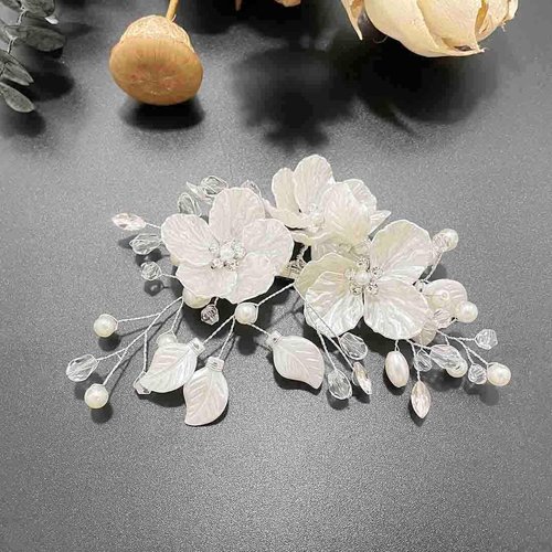 Cubahop Bride Wedding Flower Hair Pieces Silver Bridal Pearl Hair Accessories Rhinestones Hair Comb Slides for Women and Girls