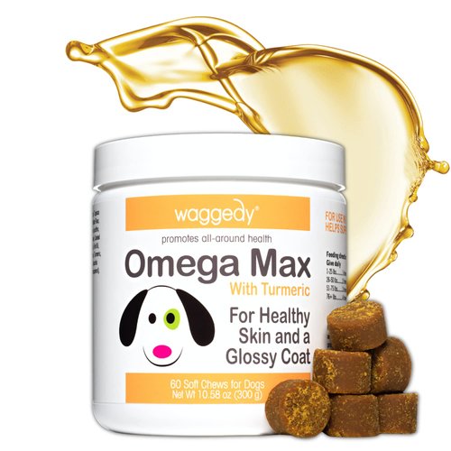 waggedy Max Omega Chews for Dogs w/Fish Oil, Essential Fatty Acids & Turmeric – Supports Immune System Health in Canines, Shine to Coats, Helps Reduce Dog Inflammation, Joint Pain & Allergies (60)