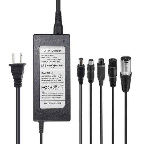 42V 2A Charger 5 Plugs for 36V Scooter Lithium Battery Pack DC 5.5 * 2.1 with 8mm 3 Prong Connector /12mm 3 Prong Connector /8mm RCA / 3-Pin Male XLR Connector