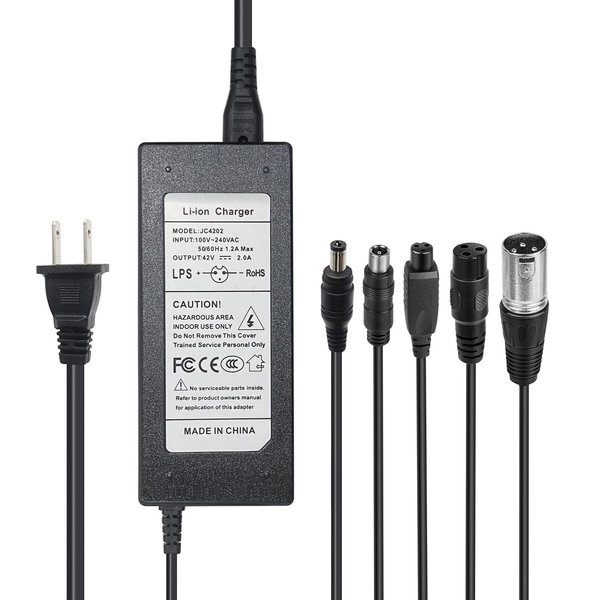 42V 2A Charger 5 Plugs for 36V Scooter Lithium Battery Pack DC 5.5 * 2.1 with 8mm 3 Prong Connector /12mm 3 Prong Connector /8mm RCA / 3-Pin Male XLR Connector