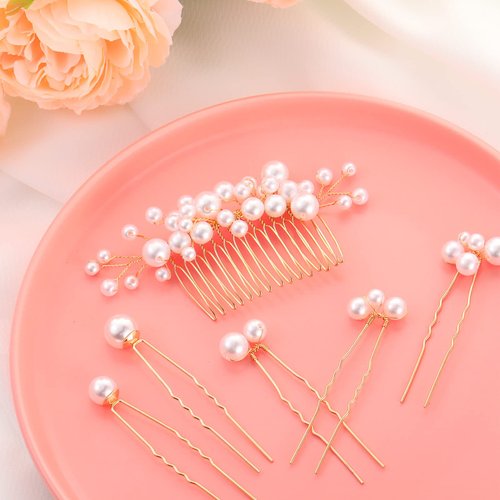 9 Pieces Pearl Bride Wedding Hair Comb Pearl Hair Pins Set Bridal Side Comb U Shape Bridal Hair Clip Pearl Bobby Pins Updos Hair Piece Wedding Hair Accessories for Women Girls (Gold, Elegant Style)
