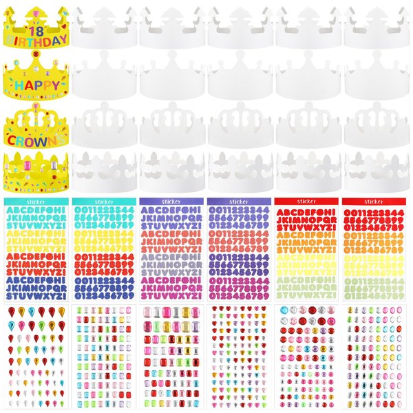 Blueweenly 36 Pieces White DIY Crowns Set Paper Party Crowns with Number Letters Diamond Stickers Birthday Party Hats for Princess Prince Birthday Party Supplies