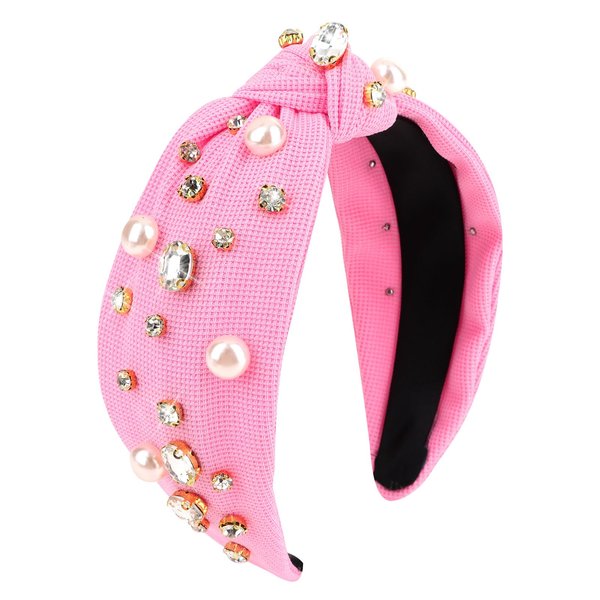 Ondder Pink Knotted Headbands for Women Top Knot Pearl Headband Shiny Rhinestone Fashion Womens Headband Head Band Bling Jeweled Sparkly Crystal Headband Head Bands Hair Accessories for Women Girls