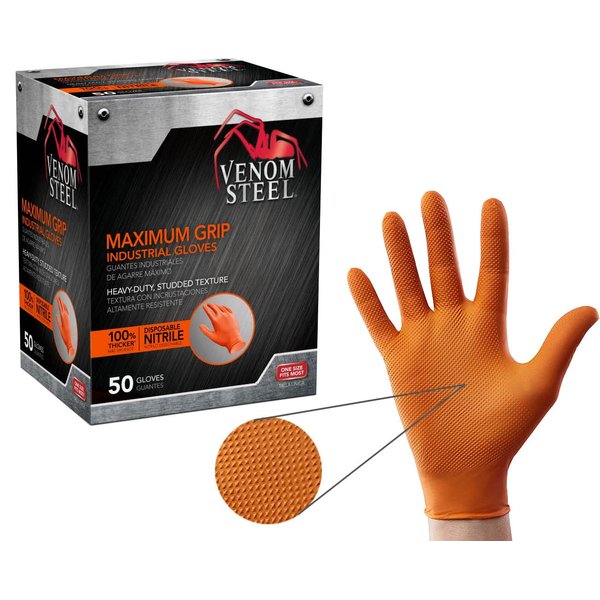 Venom Steel Maximum Grip Nitrile Gloves, 8 Mil Thick, Raised Diamond Texture for Grip, Puncture and Rip Resistant, Hi-Visibility Orange, One Size Fits Most (50 Count)