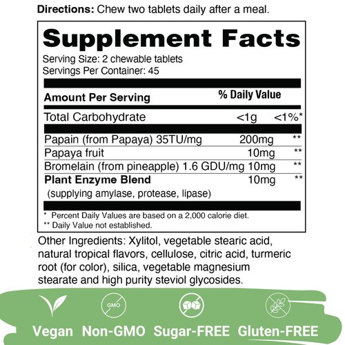 Yuve Natural Papaya Digestive Enzymes - Sugar-Free Chewable Candies - Promotes Better Digestion - Constipation & Bloating Aid, Detox, Leaky Gut Repair & Gas Relief - Vegan, Non-GMO, Gluten-Free - 90ct