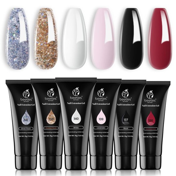 Beetles Poly Extension Gel Nail Kit, 6 Colors Classic White Pink Black Red Nail Builder Nail Gel Silver Yellow Glitter Poly Nail Enhancement French Manicure Kit Trial Nail Art Design Easy DIY