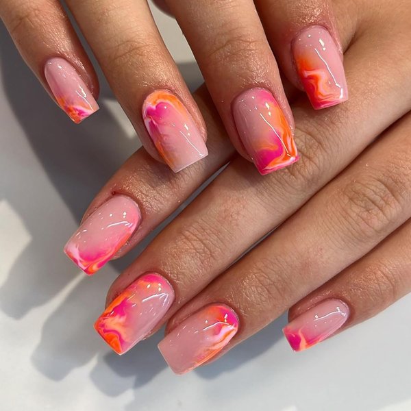 24Pcs Pink Press on Nails Short Square Fake Nails Irregular Flame Designs Full Cover Stick on Nail Pink Gradient False Nails Glue on Nails for Women Girls Artificial Acrylic Nail Manicure Supplies