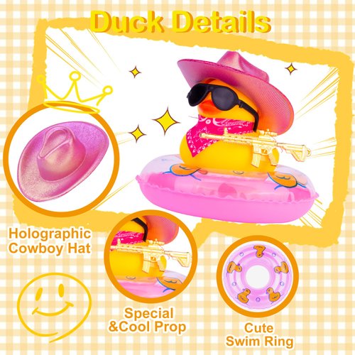 MuMyer Cowboy Ducks for Car Dashboard, Rubber Duck Car Ornaments Accessories with Mini Holographic Cowboy Hat Swim Ring Scarf Sunglasses Special Prop(Gc20)
