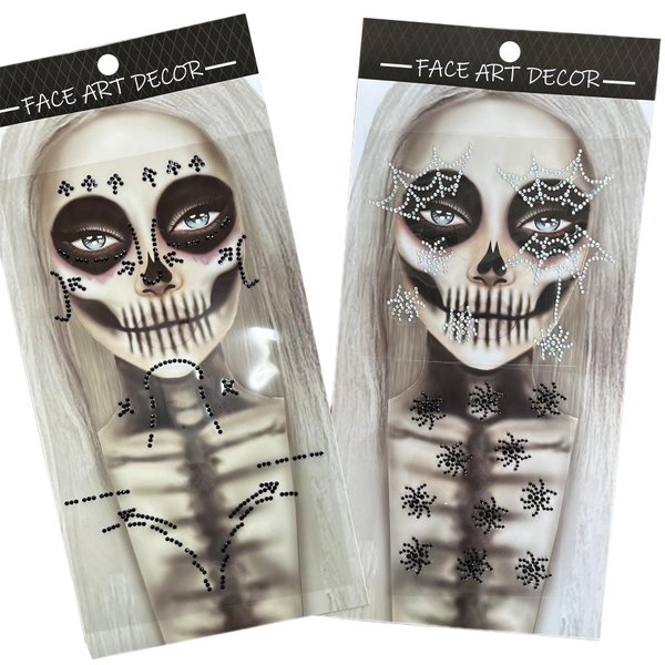 Spider Web Face Gems, Black Spider Jewels Stick on Chest, White Web Face Jewels, Fake Web Gems Tattoo Stick on Face Skull Design for Halloween Party and Costume