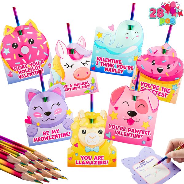 JOYIN 28 Packs Valentines Rainbow Pencil with Cards for Kids Party Favors, Classroom Prize Supplies, Valentines Greeting Cards including Colorful Pencils