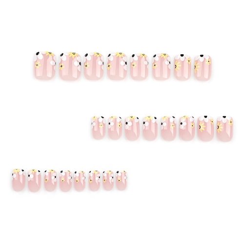 Press on Nails Short Square Fake Nails Glossy False Nails with French Tip Flowers Press ons Designs Acrylic Nails Press on Artificial Nails Stick on Nails For Women Girls 24Pcs