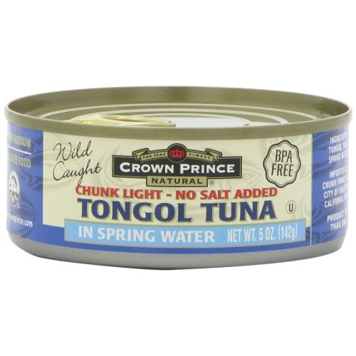 Crown Prince Natural Chunk Light Tongol Tuna in Spring Water, No Salt Added, 5-Ounce Cans (Pack of 6)