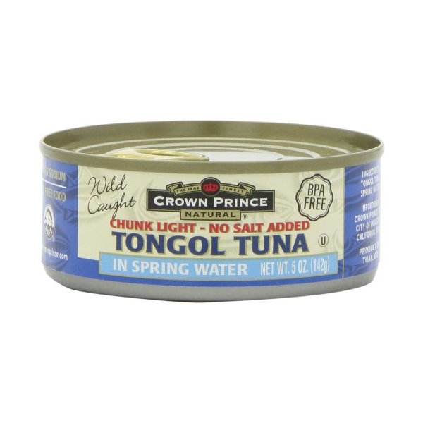 Crown Prince Natural Chunk Light Tongol Tuna in Spring Water, No Salt Added, 5-Ounce Cans (Pack of 6)
