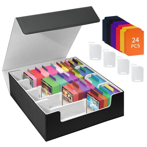 HESPLUS Card Deck Storage Box for Trading Cards 3000+MTG Deck Box with 24 Colorful Divider Tabs, Card Supporters PU Leather Trading Card Storage for Magic Game Cards TCG and Sport Cards (Black Gary)