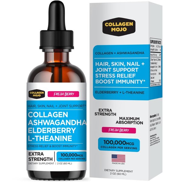 Collagen Mojo Liquid Collagen Peptides with Ashwagandha, Elderberry & L-Theanine. High Potency and Absorption Formula. Hair, Skin, Nail + Joint Support. Stress Relief & Boost Immunity 2 Oz.