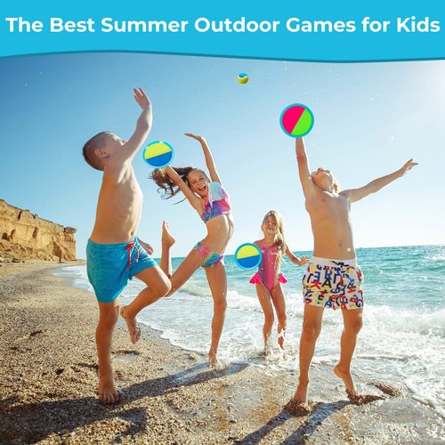 Kids Toys - Outdoor Games, Beach Toys, Toss and Ball Set with 4 Paddles and 3 Balls, Perfect Beach Games Sets Playground Sets for Backyards Easter Gifts for Kids/Adults/Family (Blue+Light Yellow)