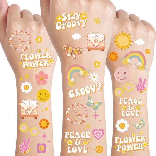Crazy Night Groovy 70s Temporary Tattoos - 132 Styles | Flower Power Birthday Party Supplies, Good Vibes Smiley Favors, Hippie Party Accessories