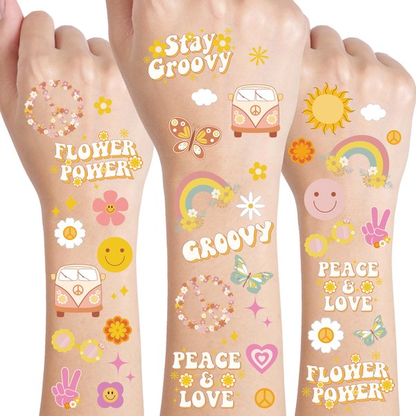 Crazy Night Groovy 70s Temporary Tattoos - 132 Styles | Flower Power Birthday Party Supplies, Good Vibes Smiley Favors, Hippie Party Accessories