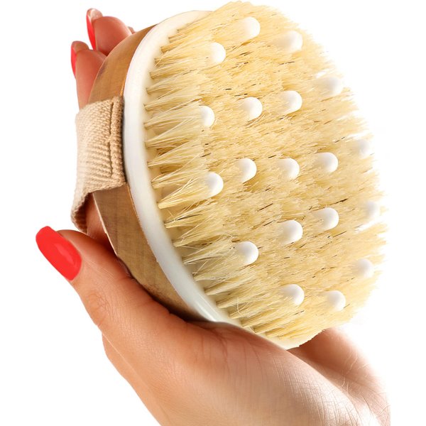 Dry Brushing Body Brush (Reduce Cellulite) Dry Brush for Cellulite and Lymphatic Drainage, Exfoliating Brush with Soft Massage Nodules, Shower Brush Body Scrubber 100% Natural Bristle Brush