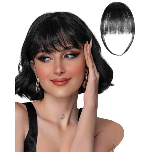 Rosooi Curtain Bangs Human Hair Clip in Bangs for Women Natural Black Color Fake Air Bangs for Daily Wear Hair Clip Bangs
