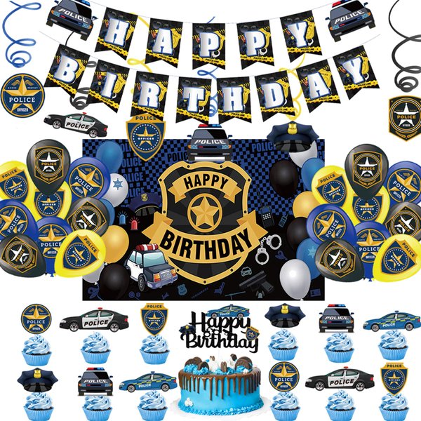 Police Birthday Party Supplies Police Party Decorations Include HAPPY BIRTHDAY Banner Balloons Cake Topper Cupcake Toppers Spirals Background Police Birthday Party Decorations