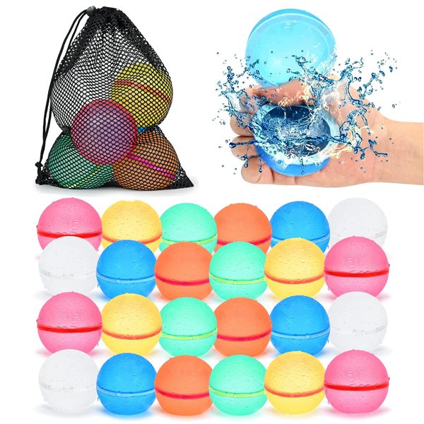 98K Reusable Water Balloons 24Pcs with Mesh Bag, Self Sealing Silicone Ball Latex-Free, No Clean Hassle, Easy to Fill, Summer Toys Water Toy Swimming Pool Beach Park Yard Outdoor Games Party Supplies