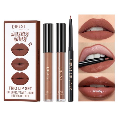 MAEPEOR All In One Lip Kit 3 In 1 Smooth Lipliner Lipgloss and Lipstick Set with Matte Velvet Liquid Lipstick Hydrating Moisturizing Lip Gloss and Creamy Lip Liner (Kit 05, Whiskey Honey)