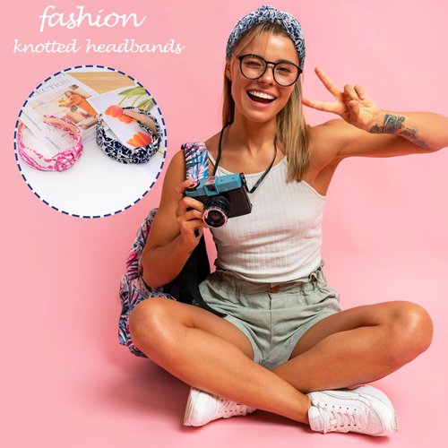 BEGOOD Headbands for Women Knotted Wide Headbands Womens Top Knot Hairband Fashion Head Bands Turban Hair Accessories for Girls 2Pcs Pink and Blue Floral