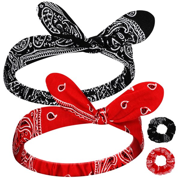 Hoteam 2 Set Bandana Headband and Bandana Scrunchies for Women and Girls, Elastic Paisley Headbands Paisley Bandana Hair Tie Knot Retro Headbands Adjustable Headwrap (Red,Black)