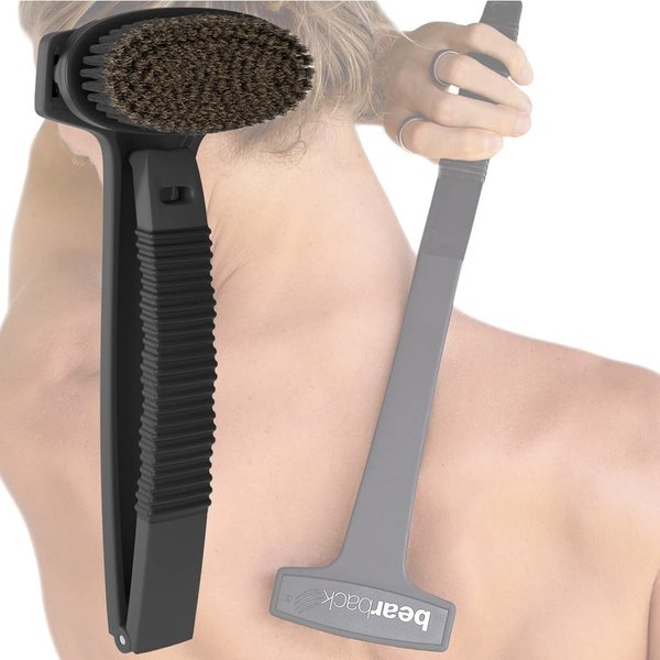 Bearback Dry Brush for Back & Body. Premium Boar Bristle Brush for Exfoliation, Circulation, Lymphatic Cleansing, Cellulite Reduction. Ergonomic Long Reach Folding Handle with Removable Brush. (Black)
