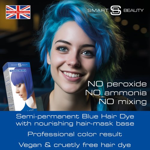 Smart Beauty Electric Blue Hair Dye Semi Permanent, Bright Blue Hair Dye Perfect for Light Blonde, with Non-Drip Pre Mixed Formulation with Hair Conditioning Cream, Hair Colour, Vegan, Cruelty Free