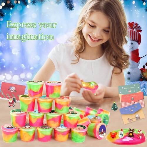 25 Pack Christmas Slime Party Favors for Kids, Galaxy Slime Bulk DIY Stress Relief Putty Toy with a Beautiful Card and Fun Slime Charms, Christmas Birthday Goodie Bag Stuffer Slime Kit for Girls Boys