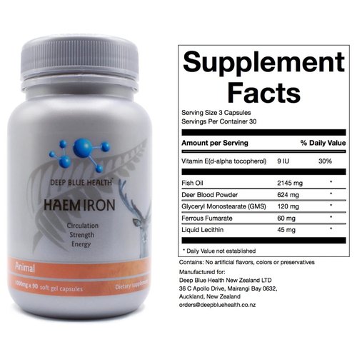 New Zealand Heme Iron Supplement - 1000mg x 90 Soft Gel Capsules - Iron Deficiency Supplement for Anemia - Deer Blood w/ Ferrous Fumarate - Supports Energy, Strength and Circulation for Men and Women